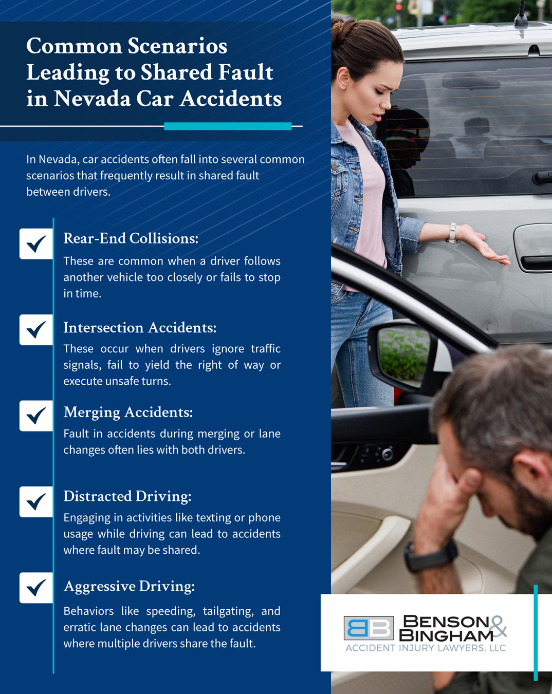 Infographic highlighting common scenarios leading to shared fault in car accidents
