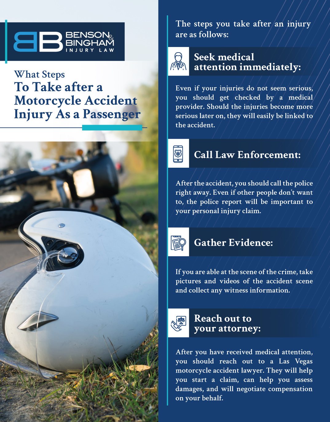 infographic that explains What Steps To Take after a Motorcycle Accident Injury As a Passenger