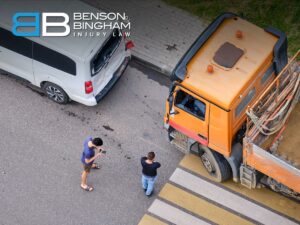 Overhead view of a collision scene involving a truck and van, documenting Trucking Accidents