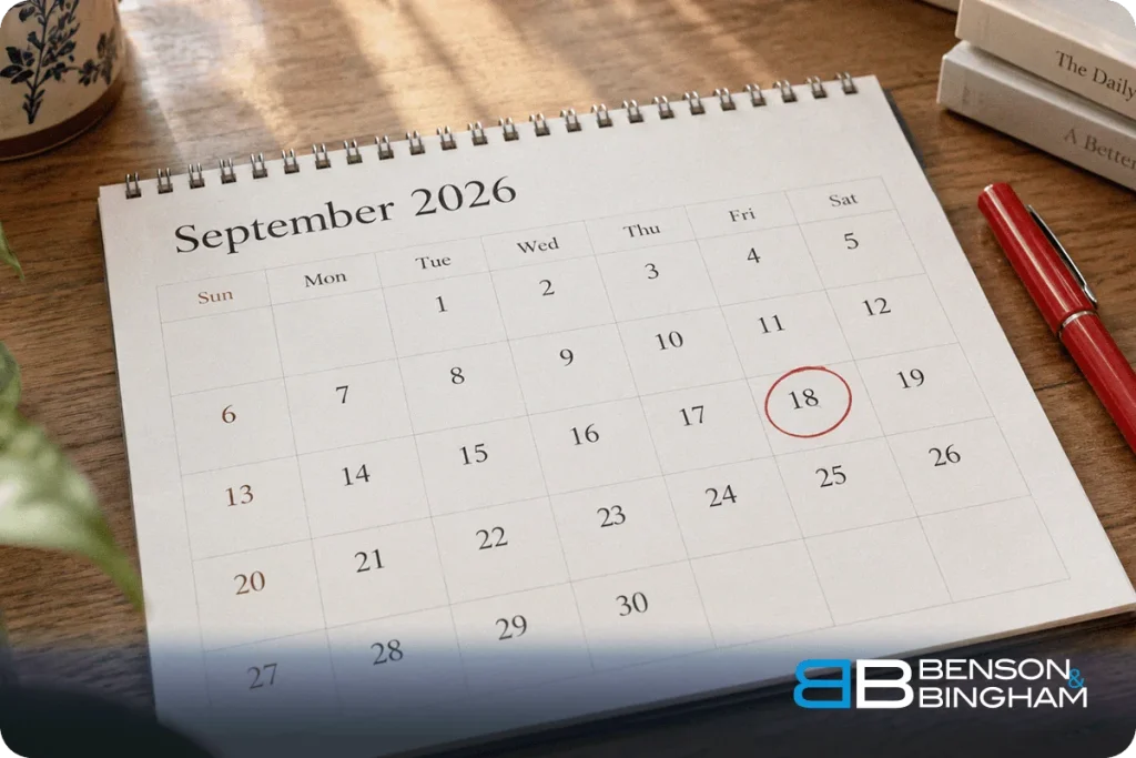 Desk calendar with one date circled in red, marking a filing deadline