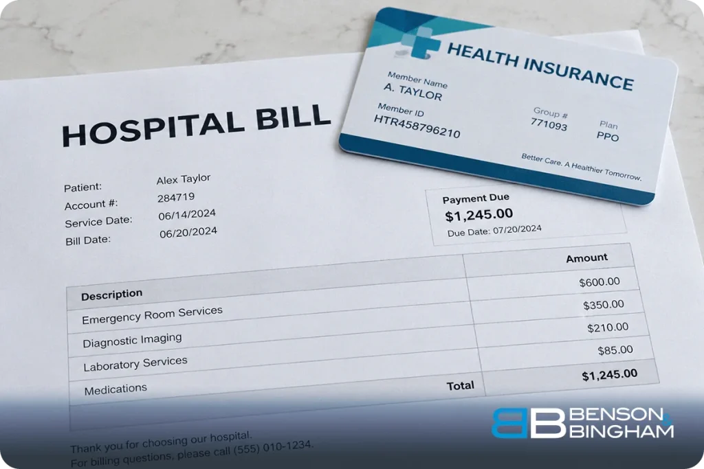 Hospital bill for emergency room services with a health insurance card resting on top