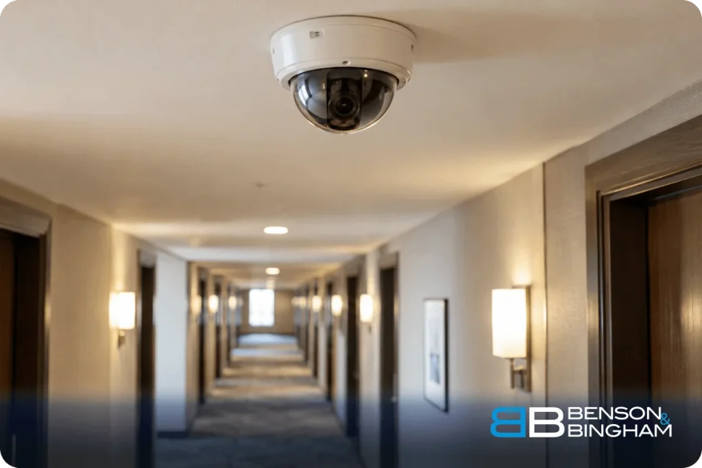 Security camera on a hotel hallway ceiling, recording footage that can be overwritten if no one asks to preserve it