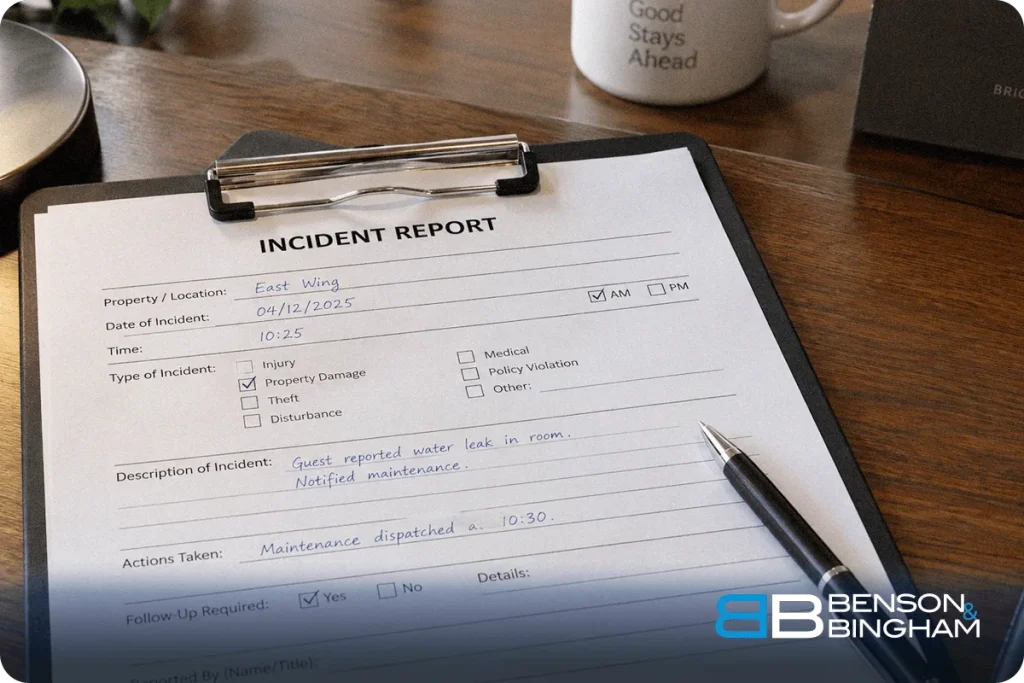Hotel incident report form on a clipboard with the incident type and description filled in