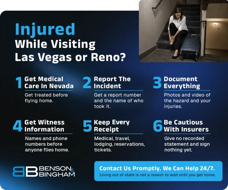 Six steps after an injury in Nevada: get care, report it, document it, get witnesses, keep receipts, mind insurers