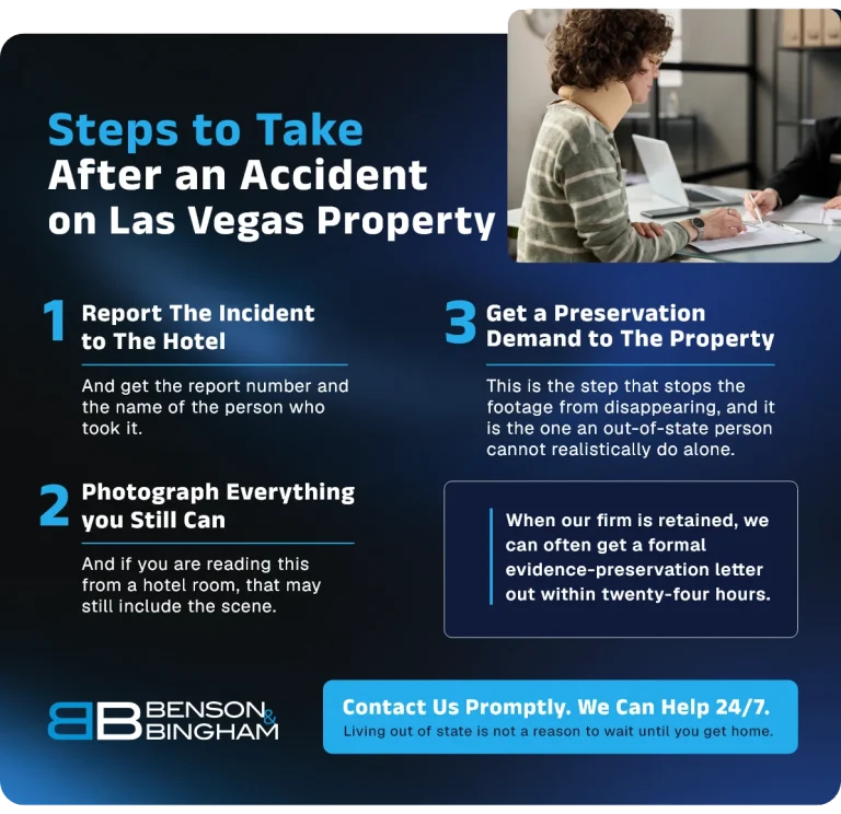 Three steps after an accident on a Las Vegas property: report it, photograph what you can, demand preservation