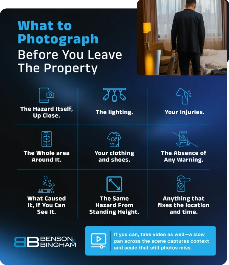 What to photograph before leaving: the hazard, lighting, injuries, the area, clothing, and any missing warning sign